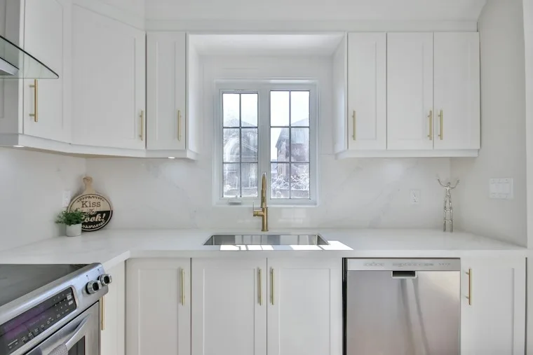 Kitchen with white cabinets and a stainless steel built-in dishwasher