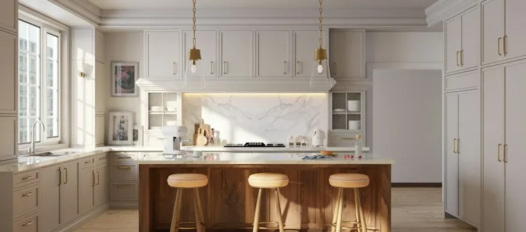 Modern kitchen with an island and three stools