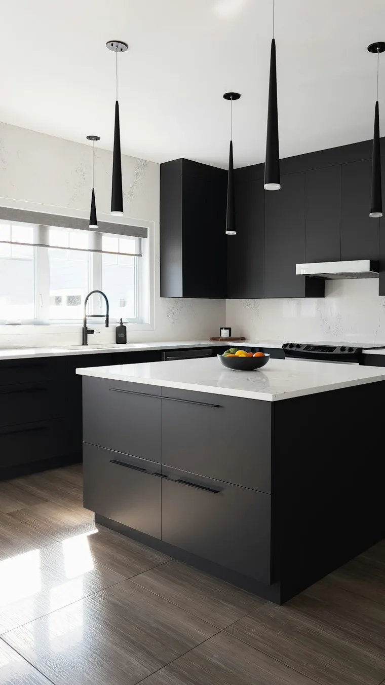 Modern kitchen with black cabinets and white counters