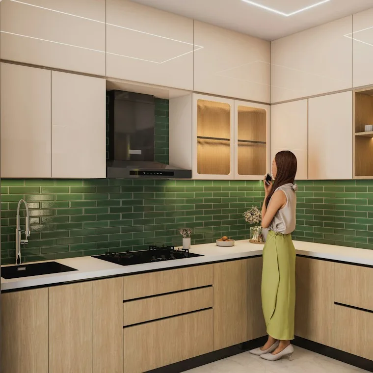 Modern kitchen with green subway tile backsplash and white cabinets
