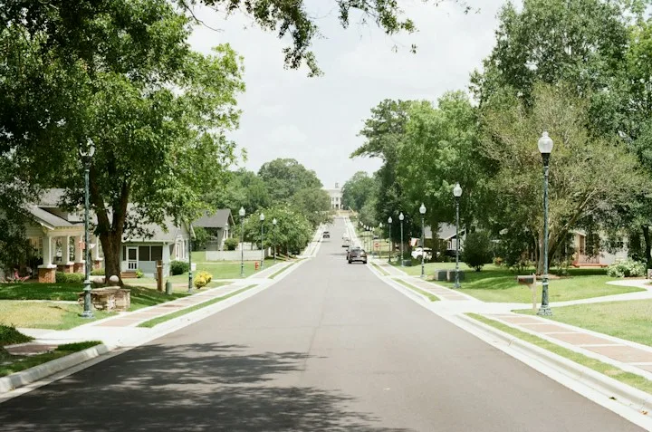 Quiet tree-lined residential street with lamp posts in a Triangle-area neighborhood