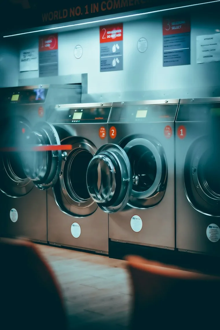 Row of gray front-load washing machines