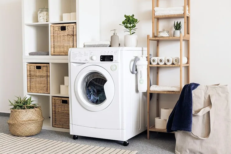 White front-load washing machine with its round glass door